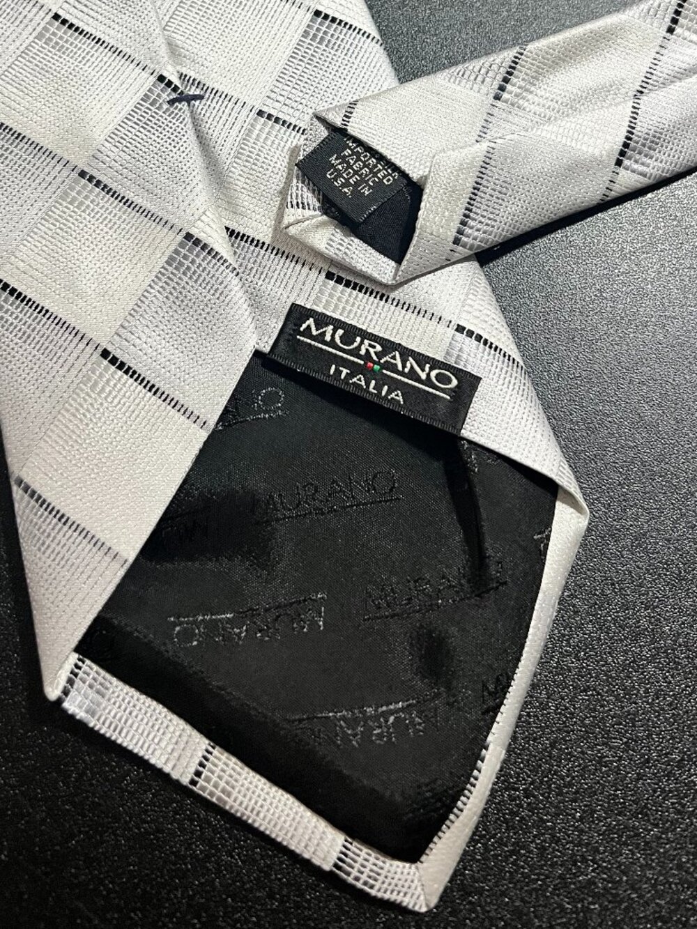 Murano‎ Italia Silk Blend Tie Silver Grey Plaid Textured Geometric Mens Necktie